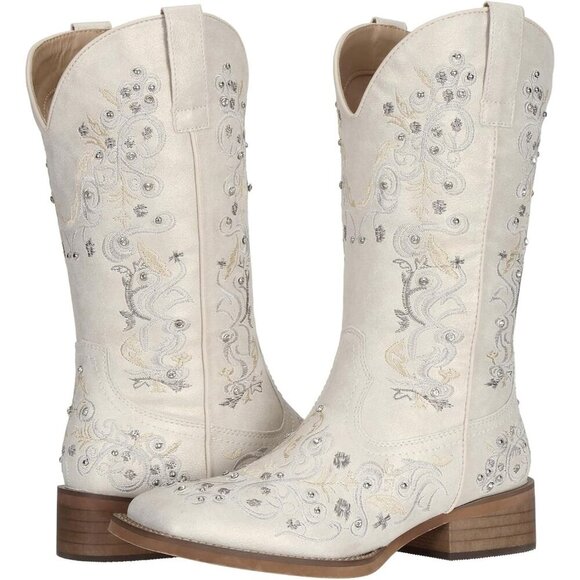 White Women's Cowboy Boots Square Toe Rhinestone Mid Calf Floral Western - Picture 6 of 7